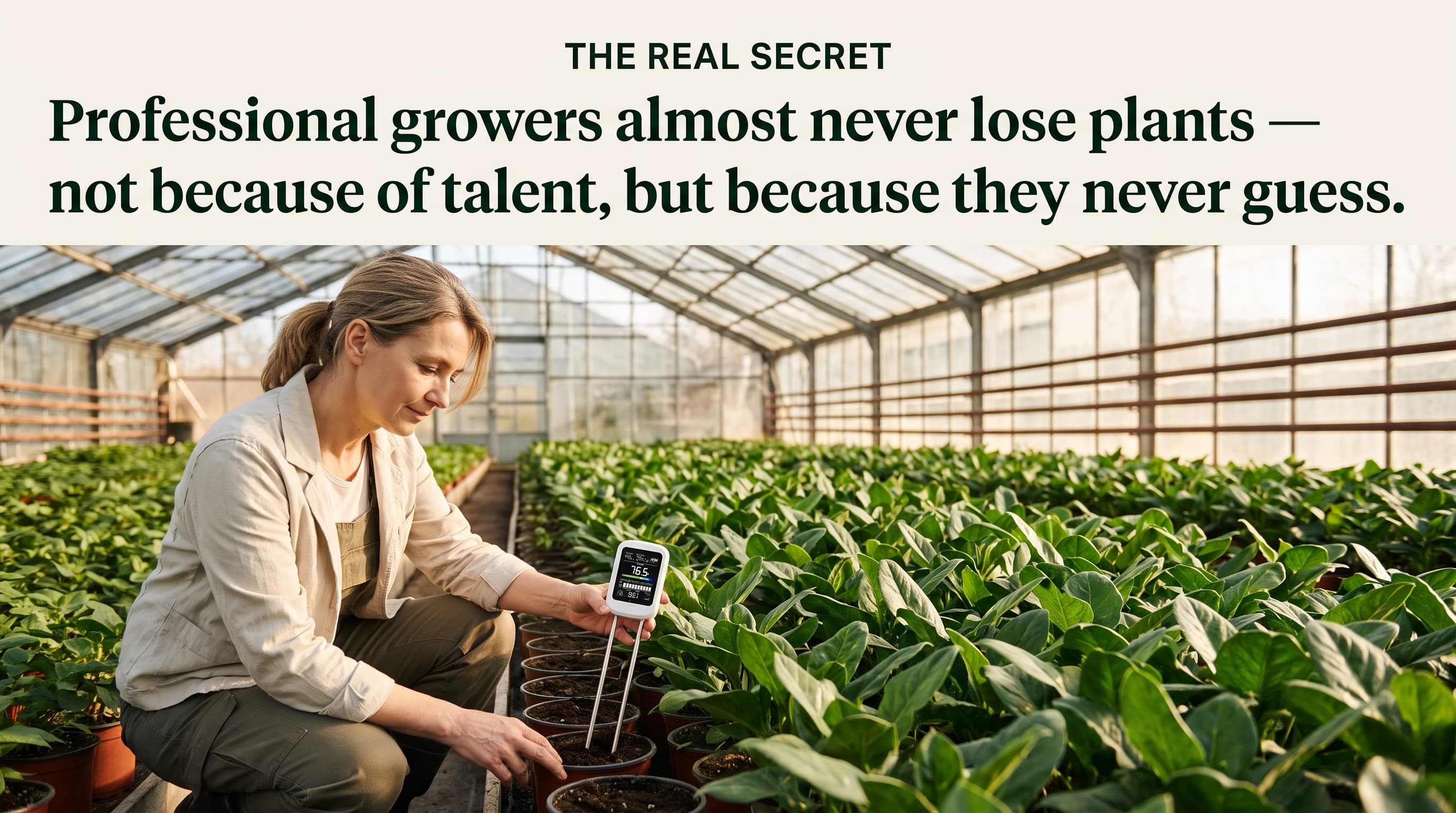 A professional grower measuring soil in a greenhouse full of thriving plants &mdash; captioned: Professional growers almost never lose plants, not because of talent, but because they never guess.
